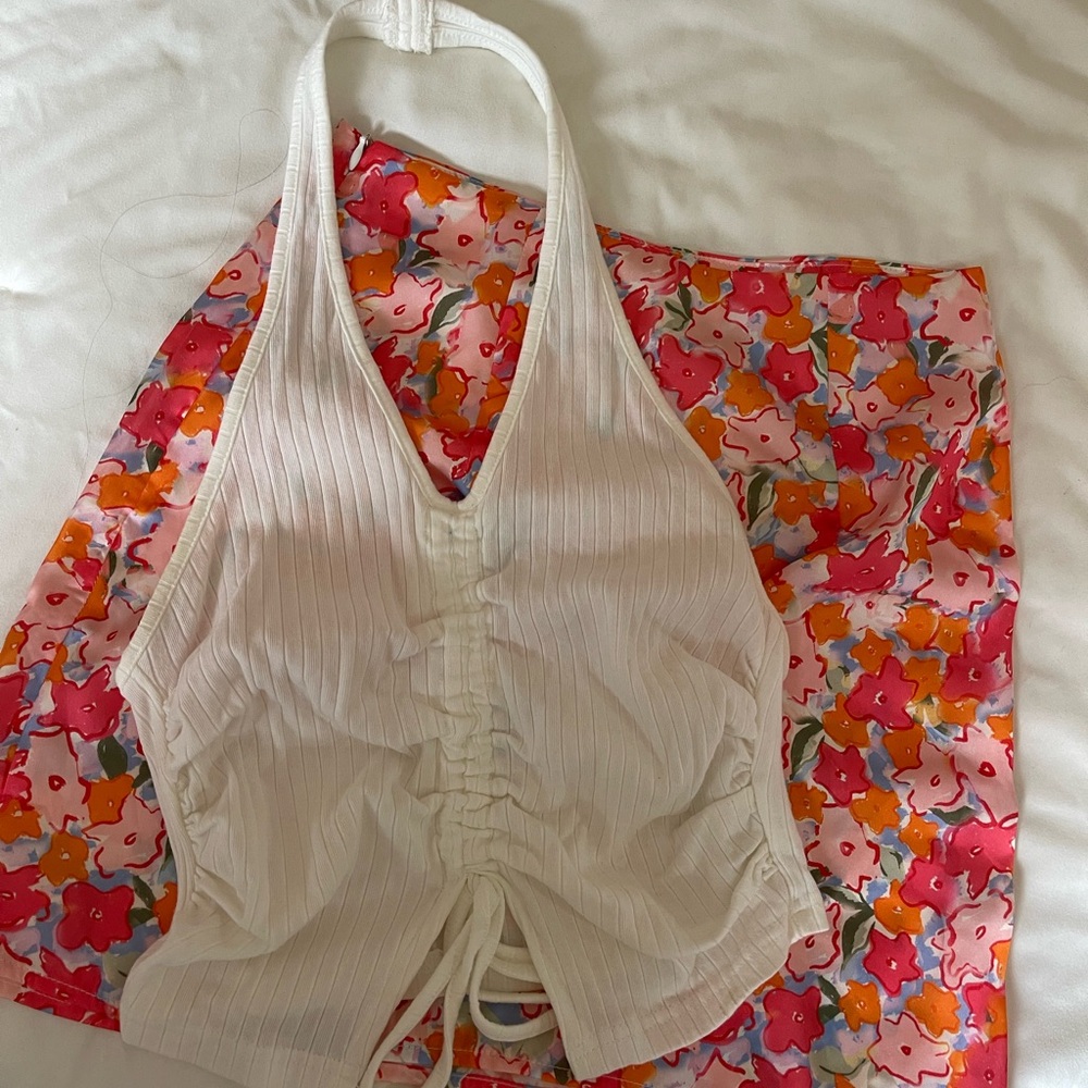 White Halter Top with Floral Skirt